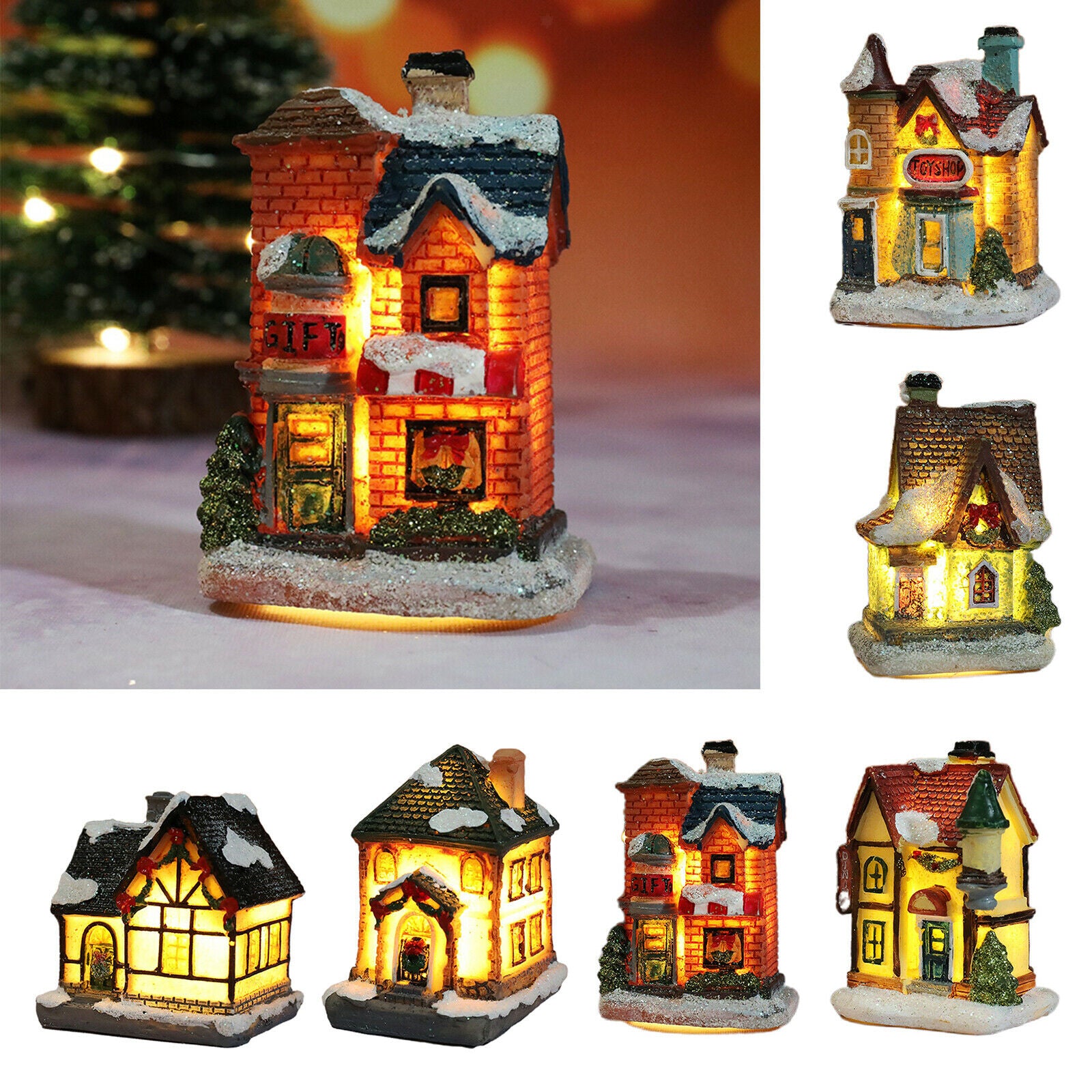 6pcs LED Christmas Snow Village House Table Garden Holiday Decoration Gift