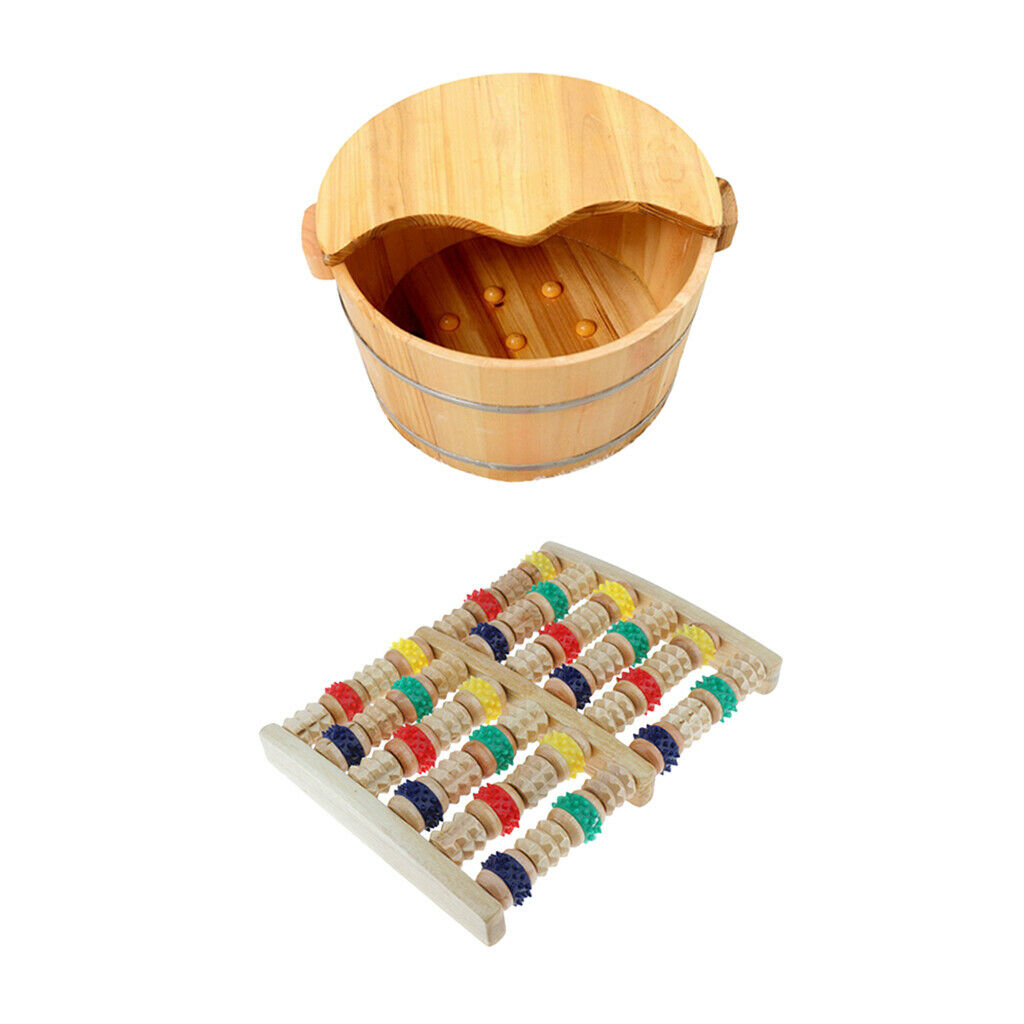 Wood Foot Basin Tub Feet Bath Soaking Bucket 6 Row Dual Foot Massager Roller