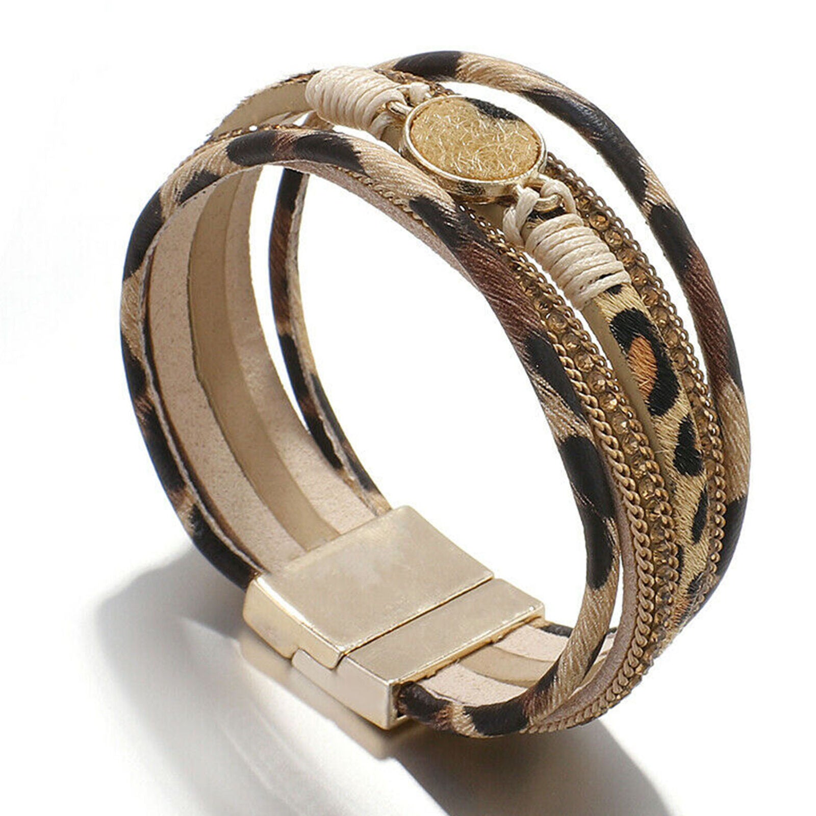 Leopard Grain Fur Chain Multi-layer Leather Wrap Bracelet Charm Bangle For Women