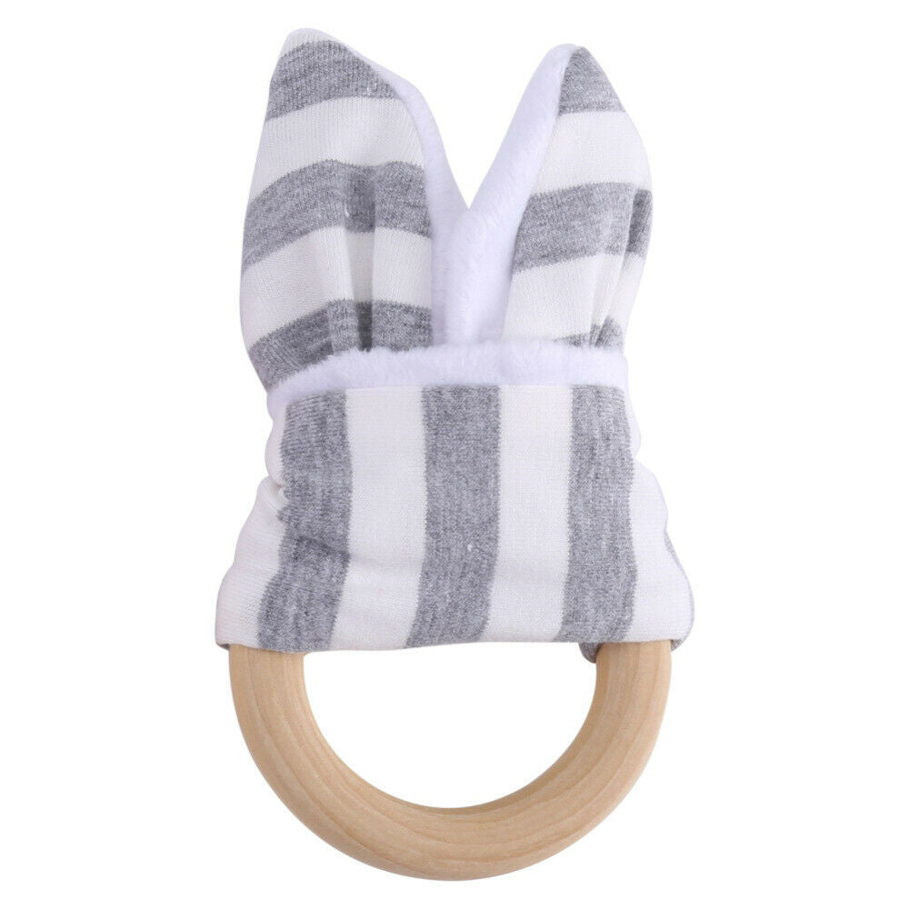 Safety 6 Months Baby Wooden Rabbit Bunny Ear Teething Ring Chew Teether