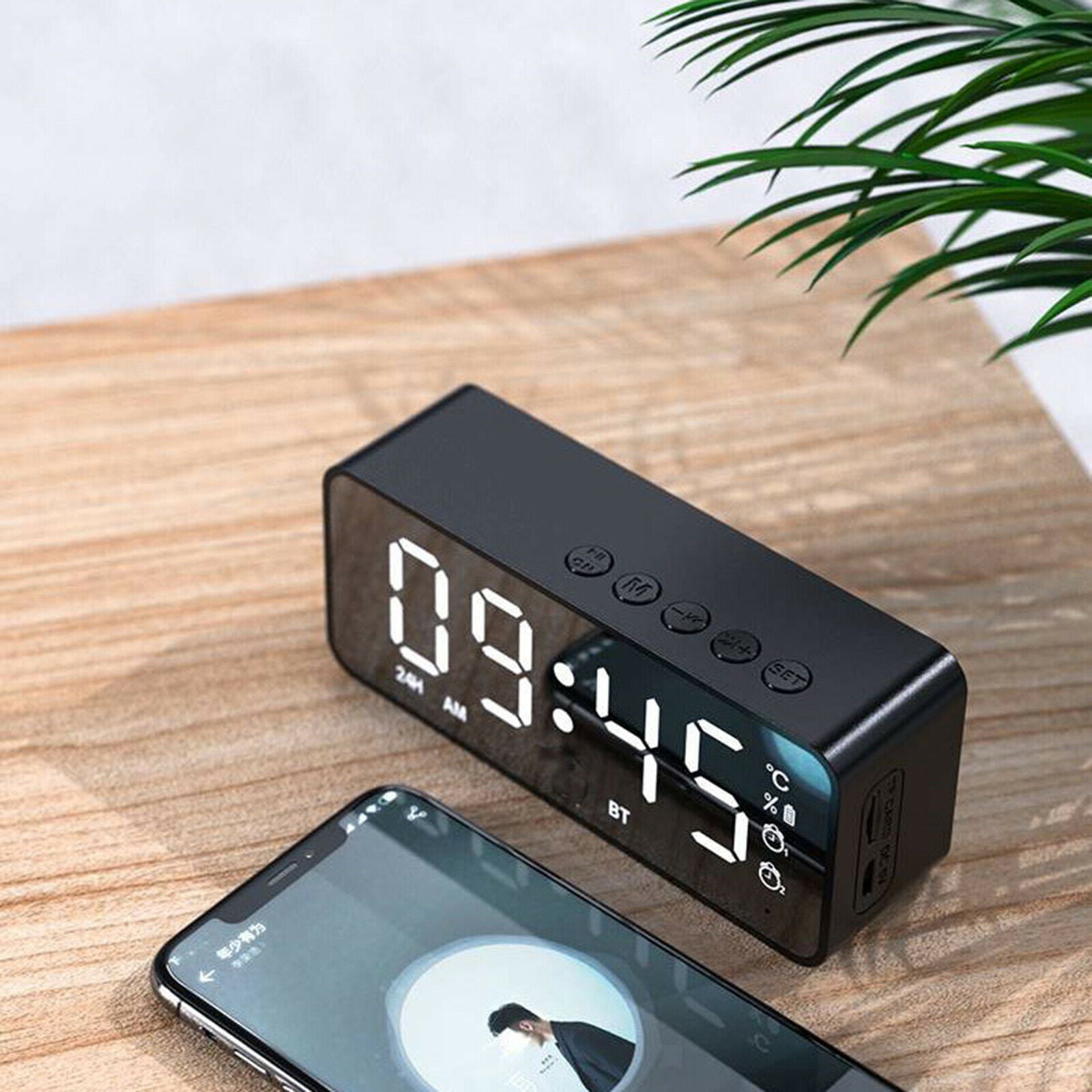 Wireless Bluetooth Speaker with FM Radio Mini Dual Alarm Clock Mirror Screen