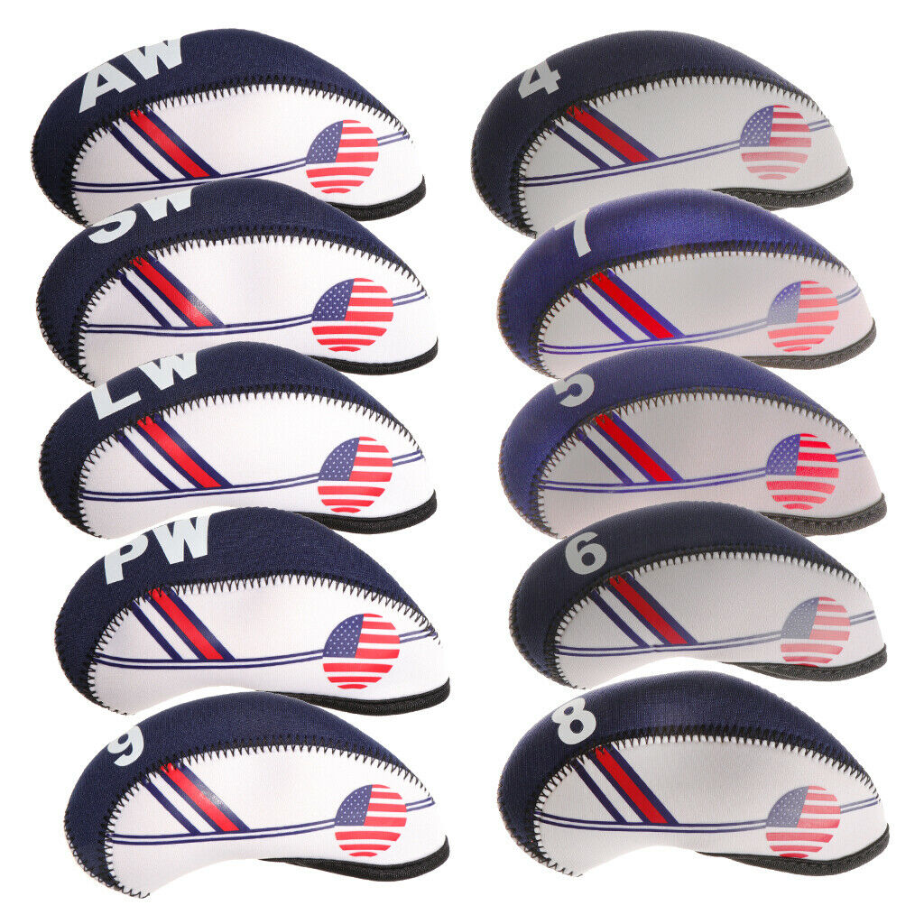 10Pcs Nylon Golf Iron Head Covers Club Putter Headcovers 4-AW Set Black