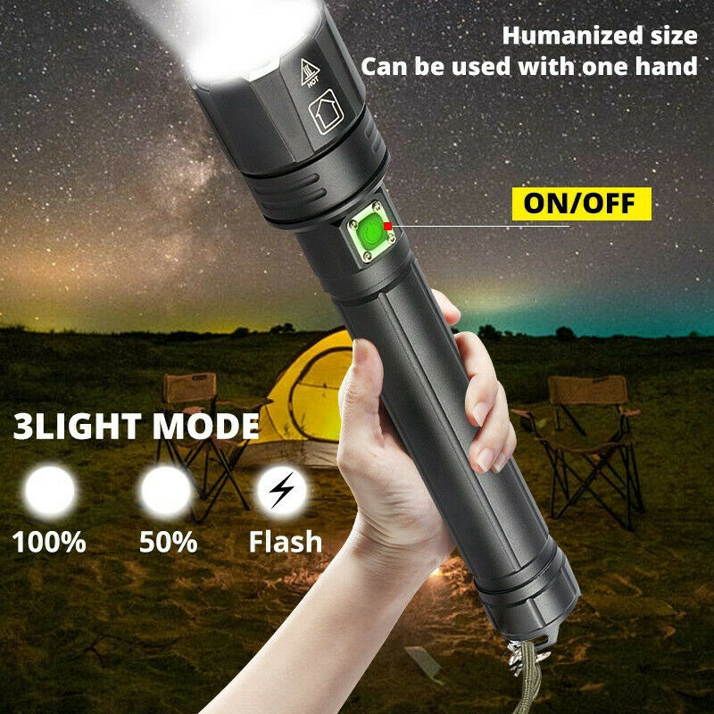 Ultra Bright LED Flashlight 200000LM XHP90.2 Rechargeable 3 Modes Zoom Torch