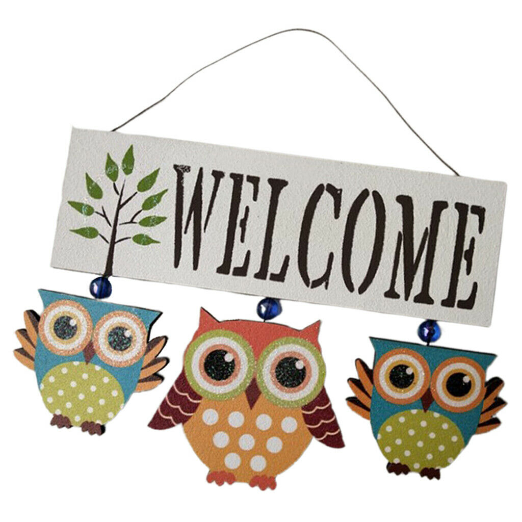 2pcs/set Wood Owl Welcome Signs Hanging Plaque Notice for Home Garden Bar