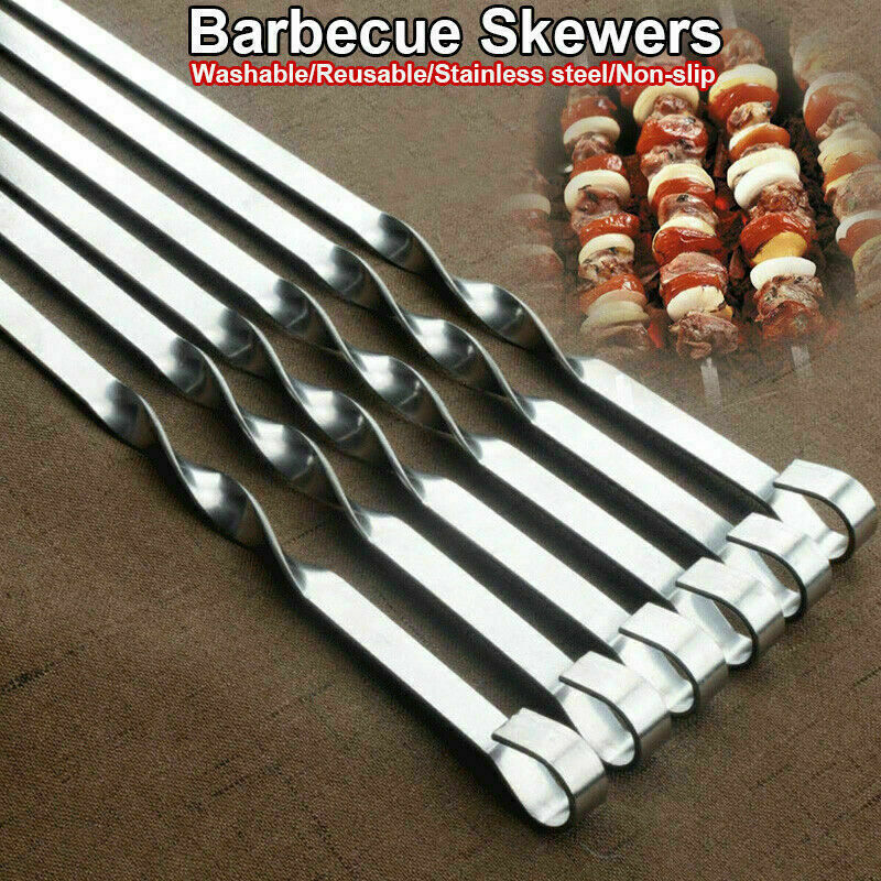 12PCS Kabob Skewers Flat Metal BBQ Barbecue Skewer Stainless Steel Shish Skewers