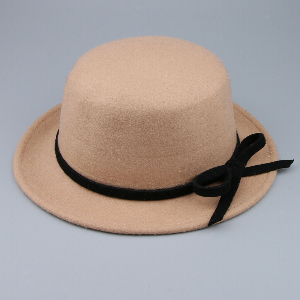 Women Wool Felt Flat Top Fedora Hat Party Church Bowknot Derby Trilby   Light