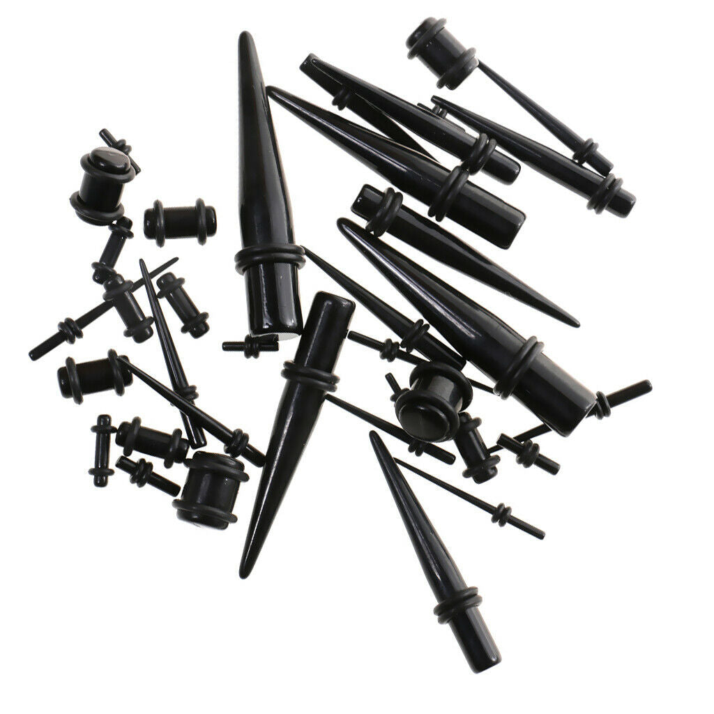 Acrylic Ear Taper Plugs Stretching Kit Stretcher Expander 18pcs Set-Black