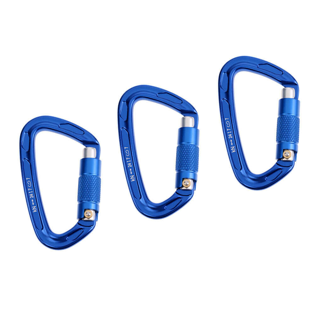 3 Pieces 24KN Aluminum Rock Climbing Auto Self Locking Carabiner blue