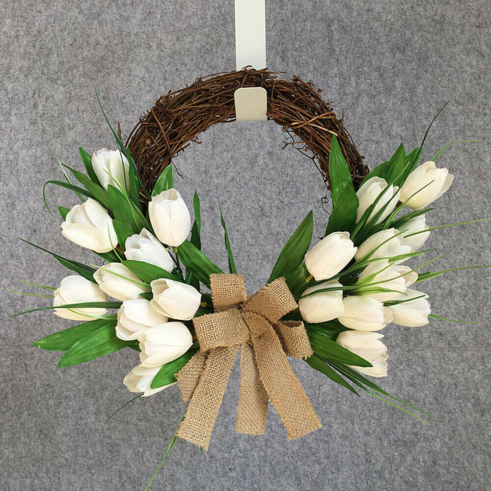 Artificial Wreath White Tulip Garland Rattan Flower Wedding Home Wall Decor DIY