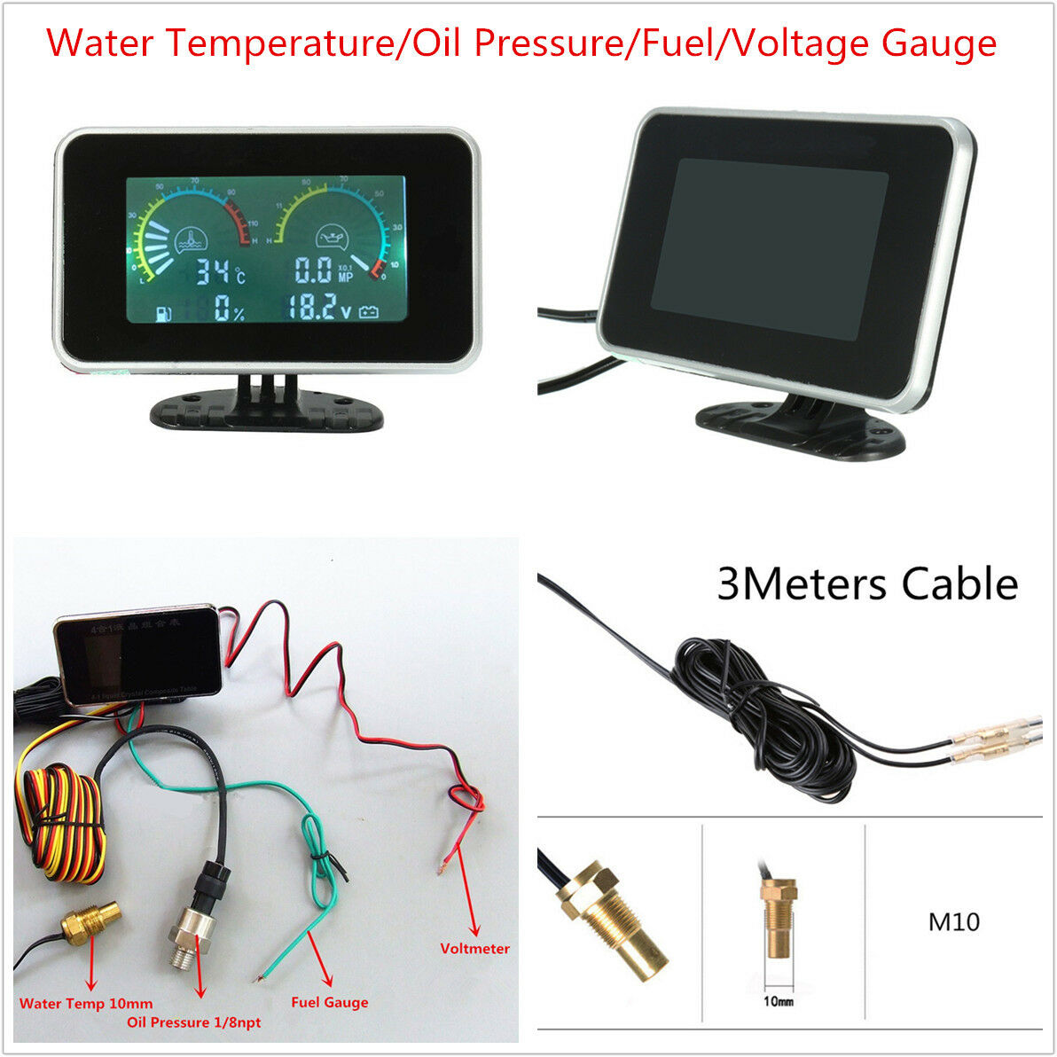 12V/24V Universal LCD Car Truck Oil Pressure Water Temp Fuel Gauge Voltage Meter