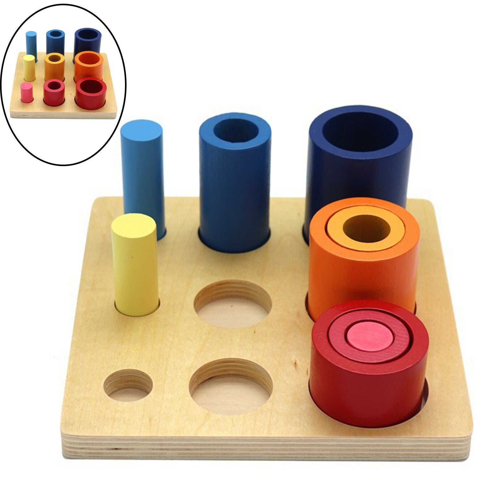 Cylinder Shape Stacking Sorting Block Wooden Match Game Color Cognitive Sensory