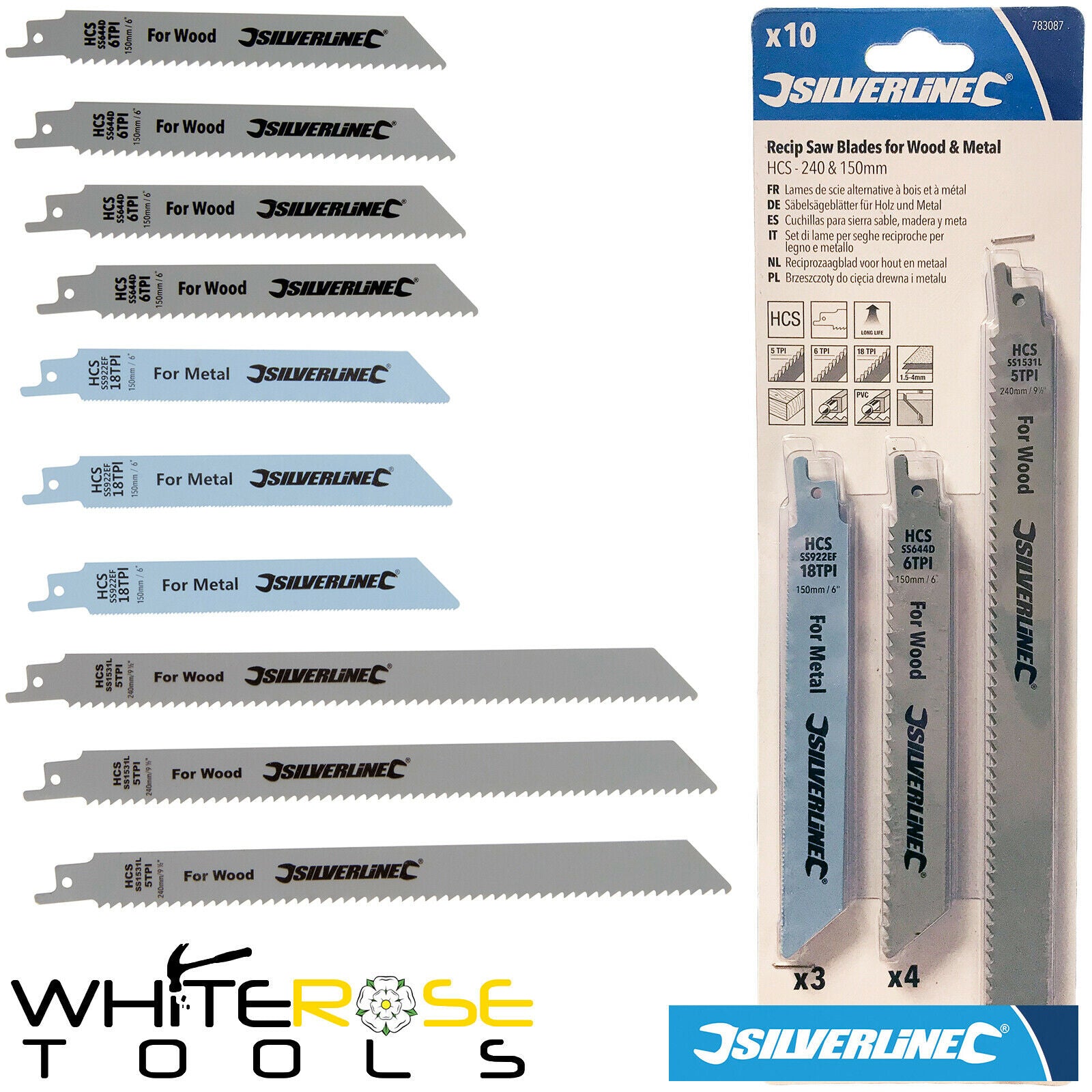 Silverline Recipro Saw Blade Set Sabre Metal Wood Plastic 150, 240mm 10 Pack