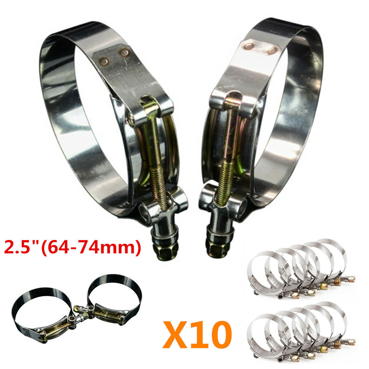 10pc 64-74mm T-Bolt Silicone Turbo Pipe Hose Coupler Stainless Steel Clamps 2.5"