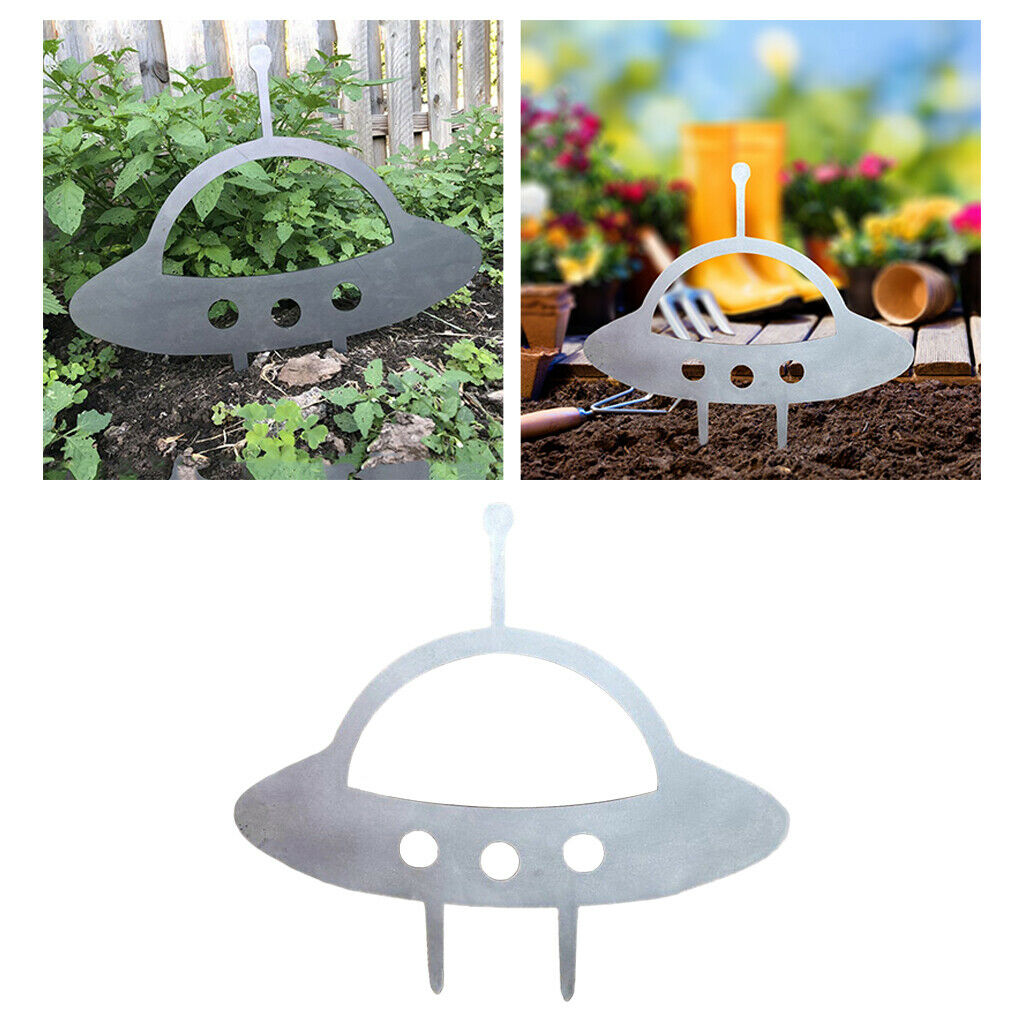 Cute Metal UFO Silhouette Garden Yard Stake Statue Lawn Backyard Home Decor