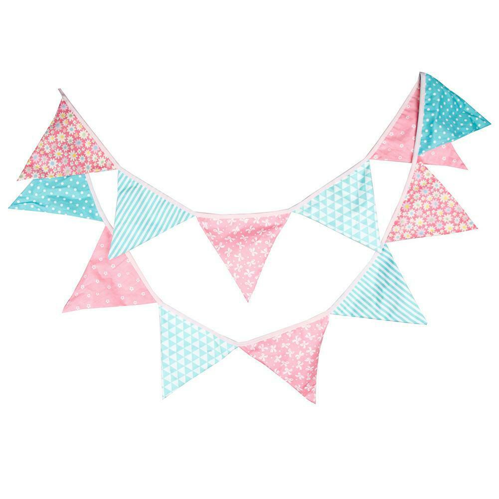 12 Flags Pink Blue Floral Cotton Fabric Bunting Pennant Banner Birthday @