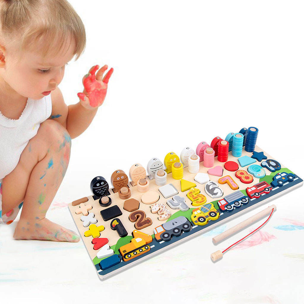 Wood Number Puzzle Shape Match Pegs Board Counting Sorting Fishing Game Early