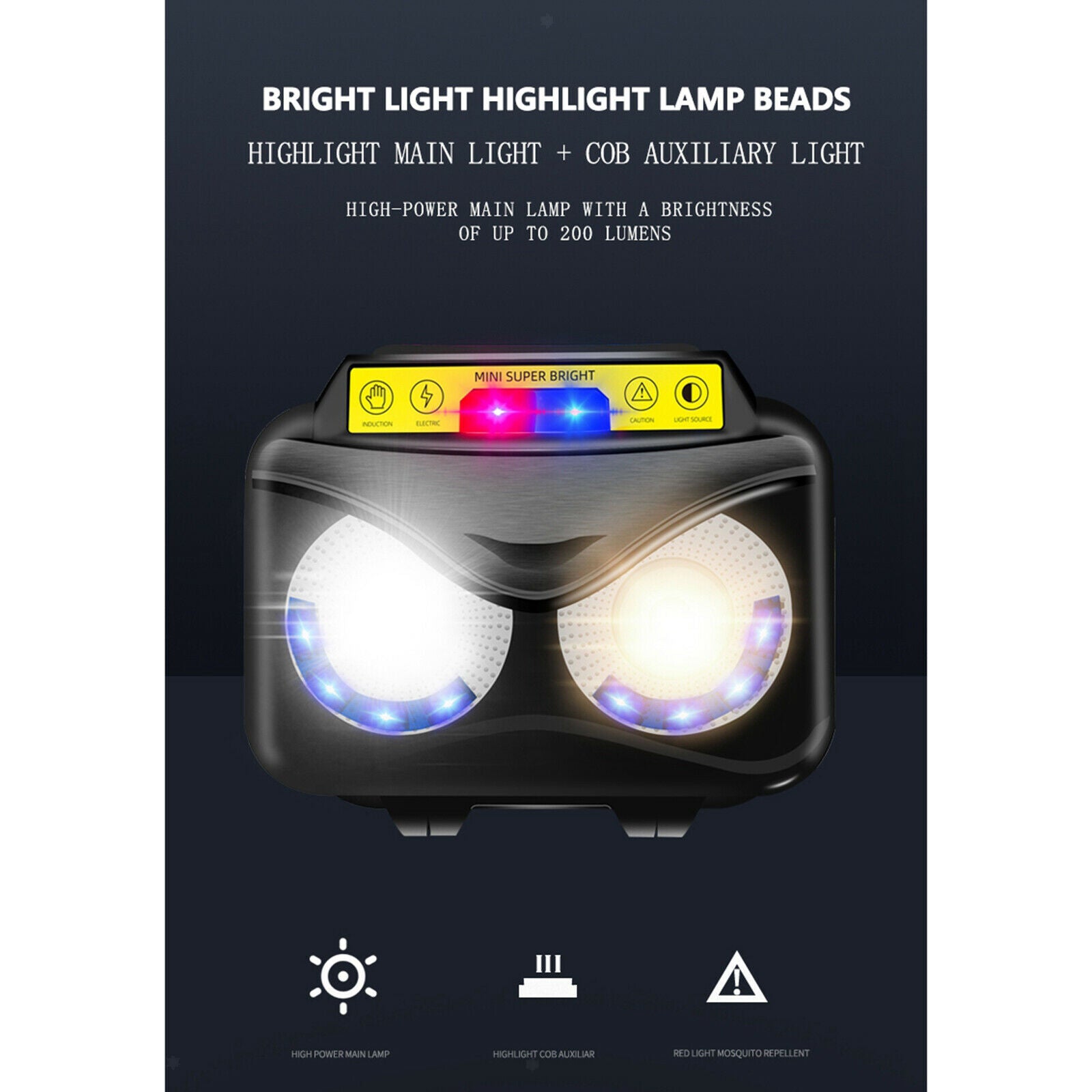 USB Headlamp Flashlight Motion Sensor Head Band Outdoor Headlight Camping