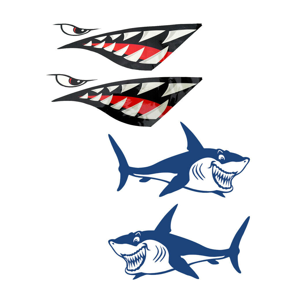 4 Pieces Shark + Shark Teeth Decals Stickers Kayak Fishing Boat Car Graphics