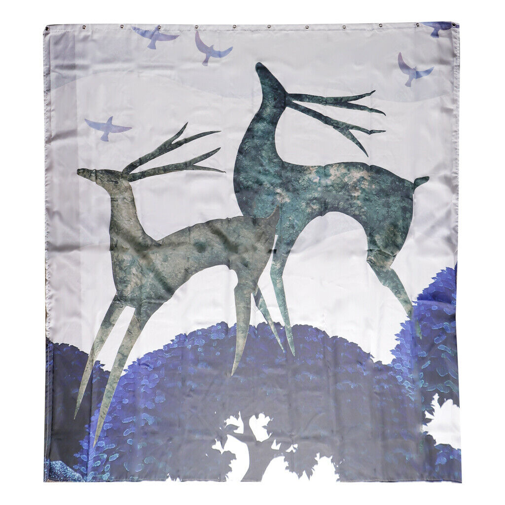 Polyester Shower Curtain 12 Hooks Digital printing cartoon elk Blue left