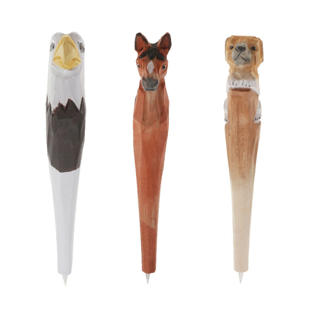 3Pcs Handcrafts Wood Animals Ballpoint Pen Ball Pen Stationery Kids Gifts