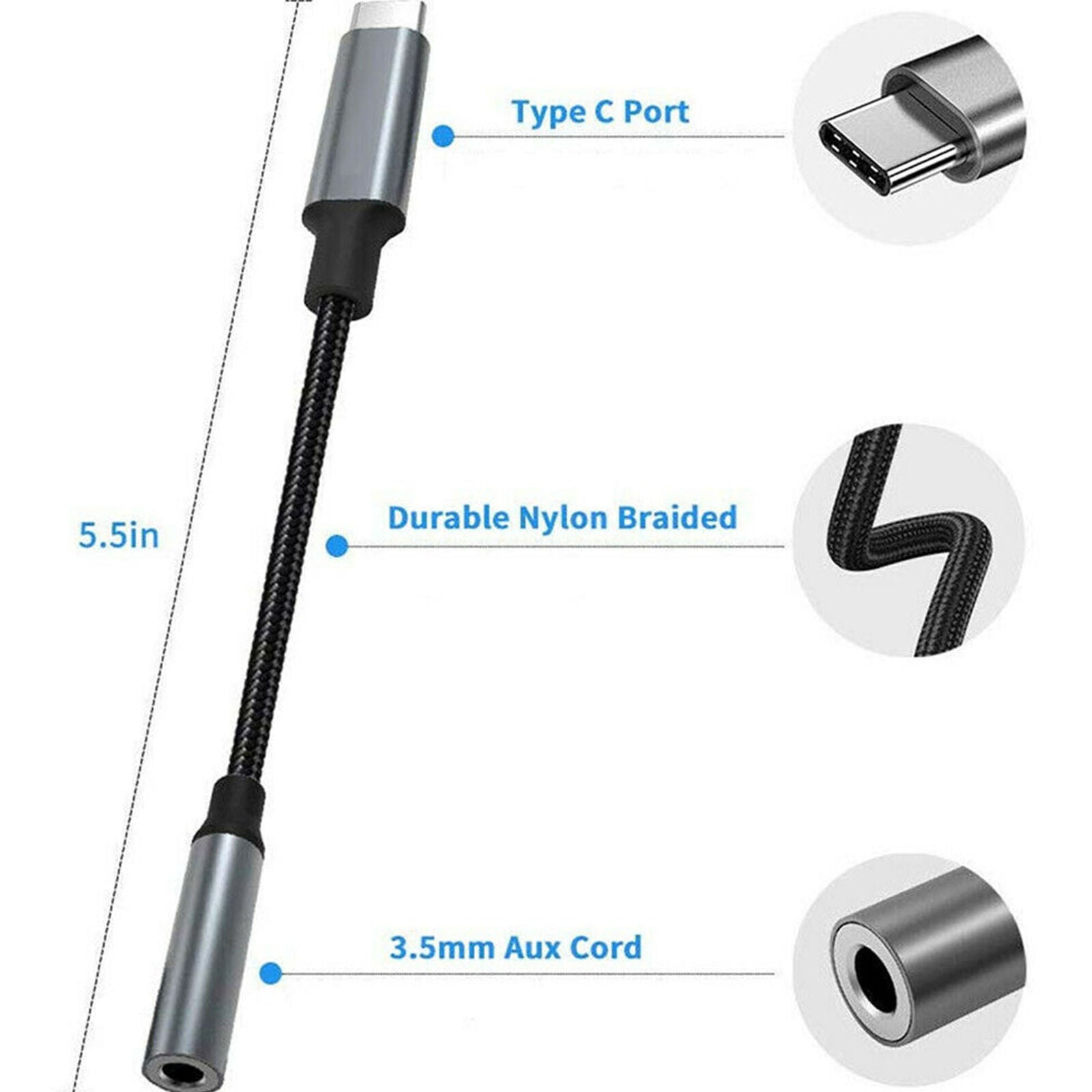 USB-C Type-C to 3.5 mm 1/8" Aux Audio Jack Active DAC Headphone Adapter Cable