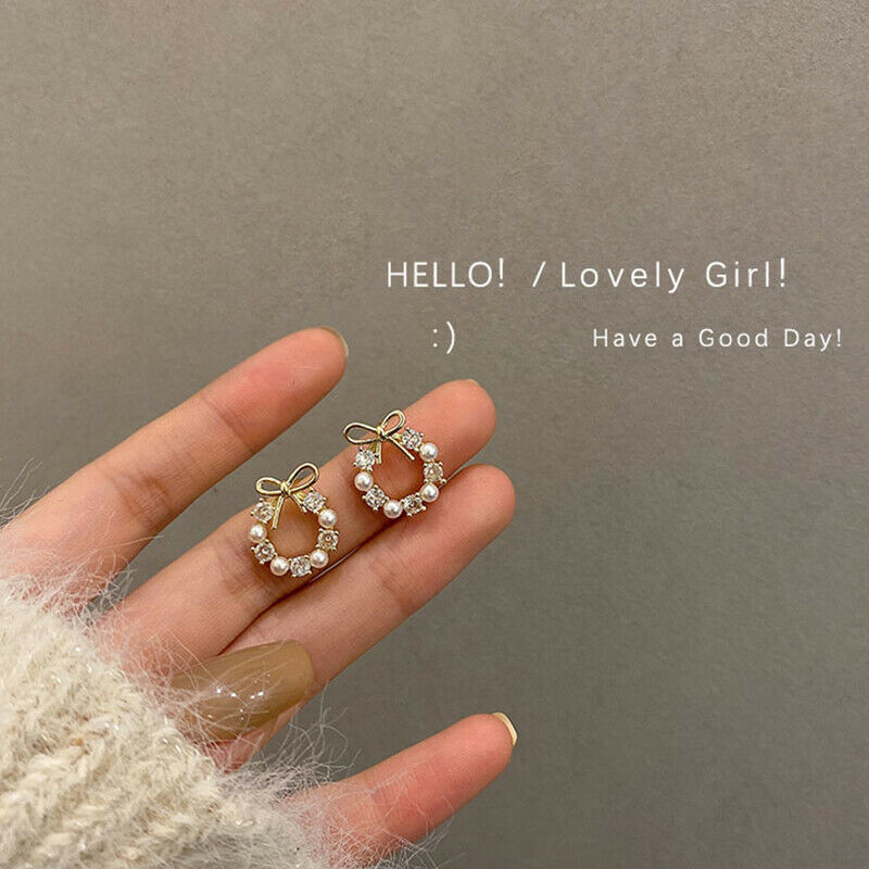 Elegant Trendy Wreath Bow Stud Earrings For Women Imitation Pearls Jewelry G Pb