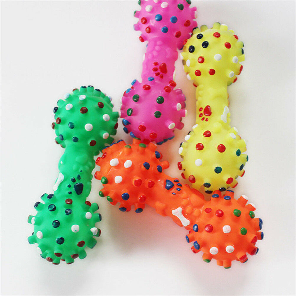 Dotted Dumbbell Shaped Dog Toys Squeeze Squeaky Faux Bone Pet Chew To.l8