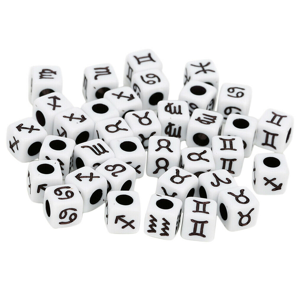 100x Black Acrylic Cube Beads with Zodiac Designs DIY Jewelry Charm