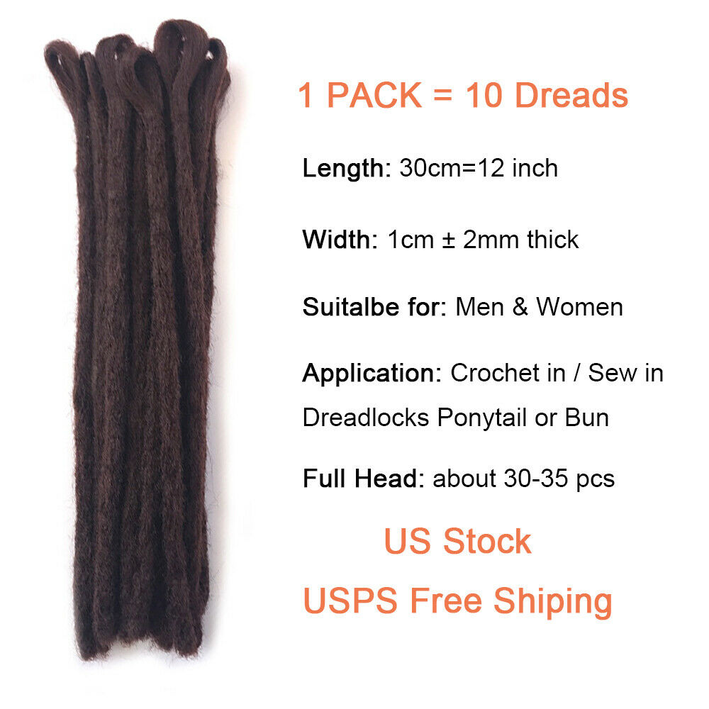 10pcs 12" Men's Dreadlocks 100% Handmade Afro Locs Hippie Dreads Hair Extensions