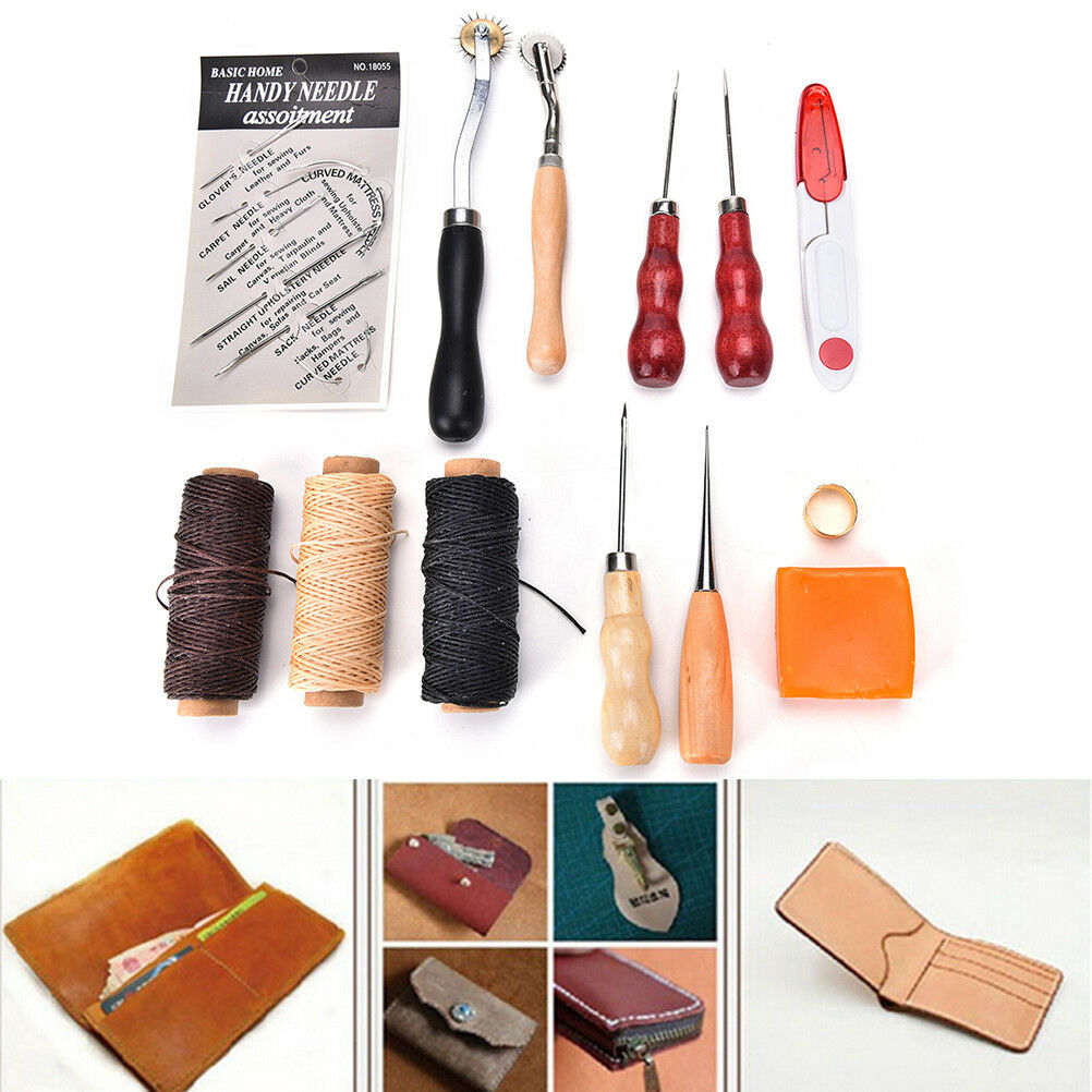 13Pcs Leather Craft Hand Stitching Sewing Tool Thread Awl Waxed Thimble Kit DD