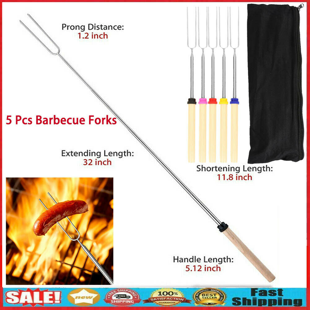 5Pcs Outdoor BBQ Forks Stainless Steel Telescopic Camping Barbecue Sticks Tool