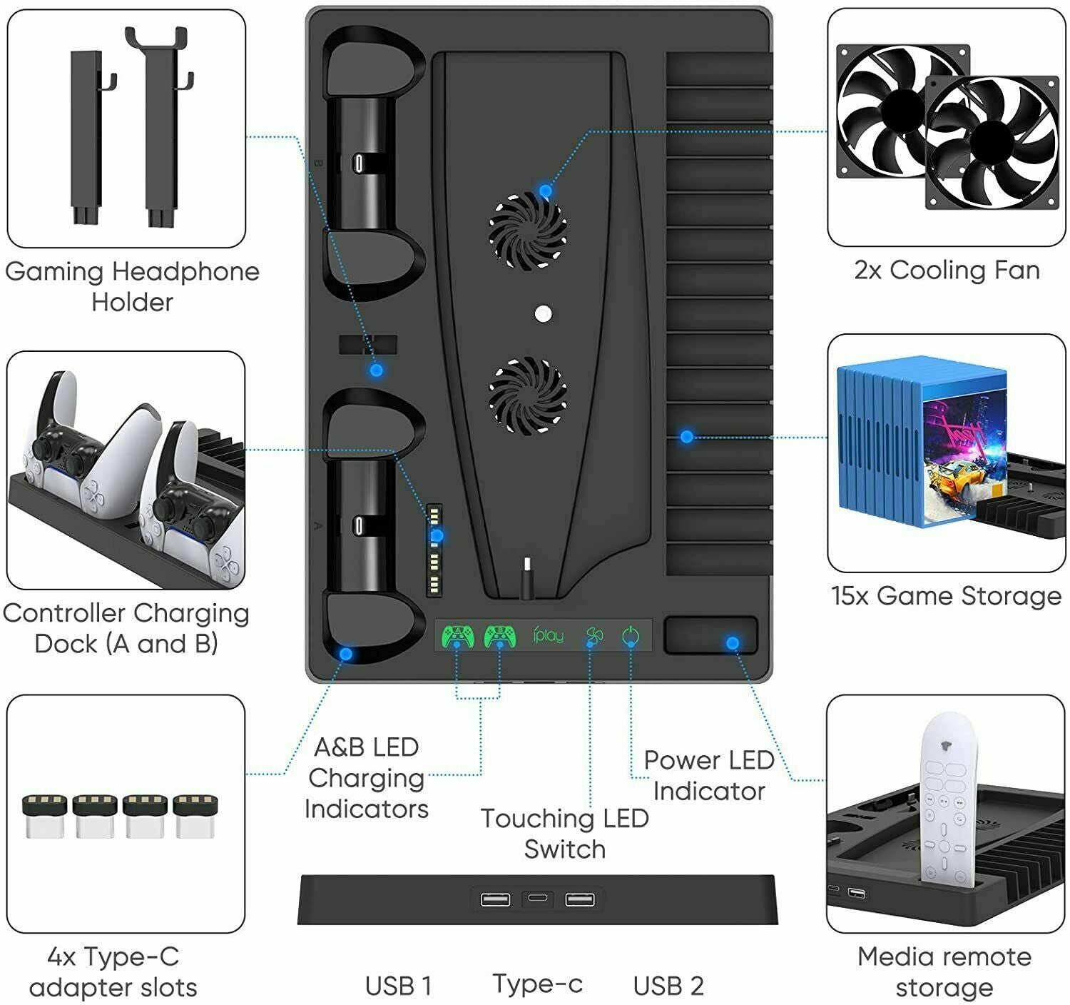 For PS5 Vertical Stand Base Holder Storage Charging Station with Cooling Fan