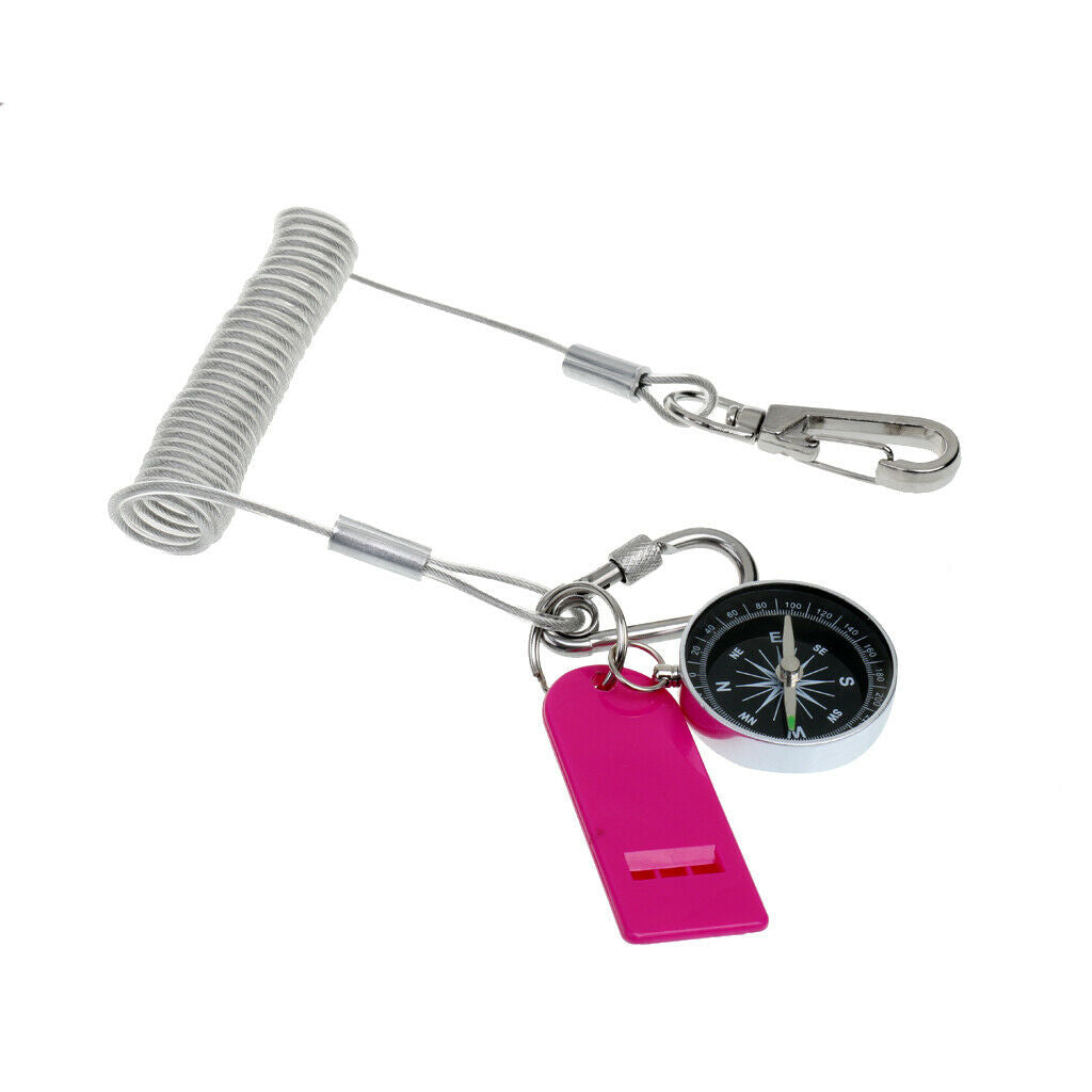 Outdoor Survival Gear Stretchy Coiled Cord Safety Lanyard w/ Compass Whistle