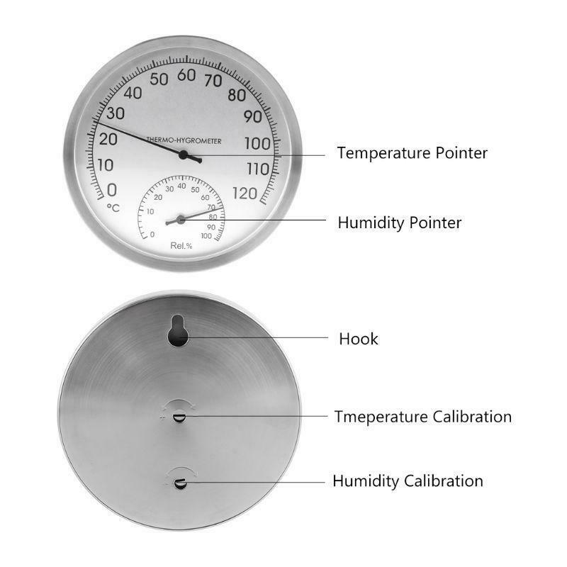 5" Thermometer Hygrometer Wall Hanging Stainless Steel Indoor Outdoor Sauna Room
