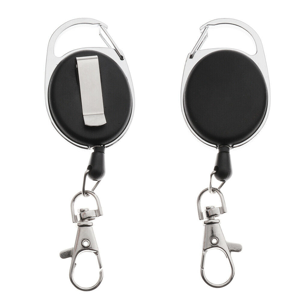 2x Black Retractable Key Reel - Recoil Cord Key Ring Pull Chain Belt Clip
