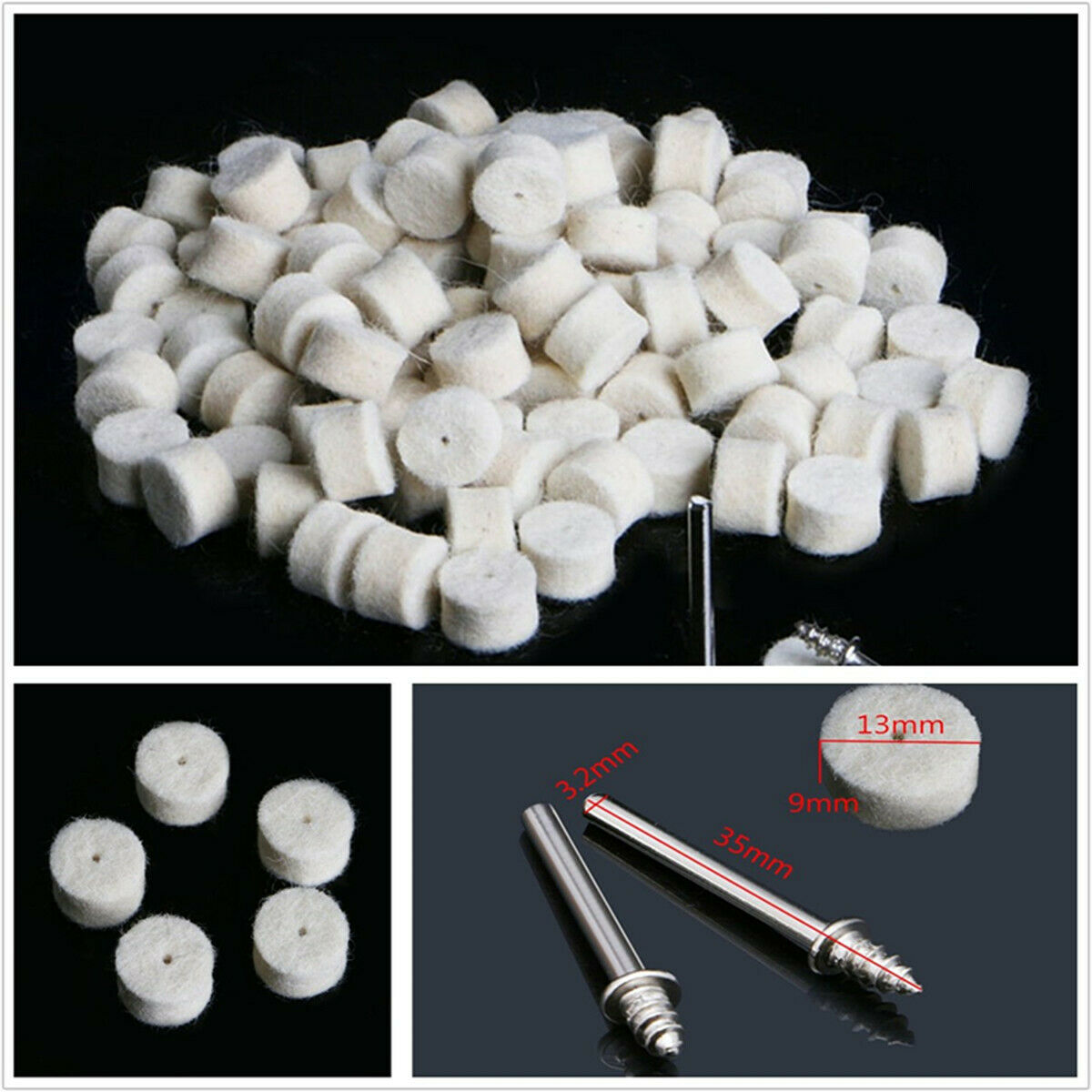 100Pcs 13x9 mm Wool Felt Polishing Buffing Pad/Wheel+2 Clamp Shanks Replaceable