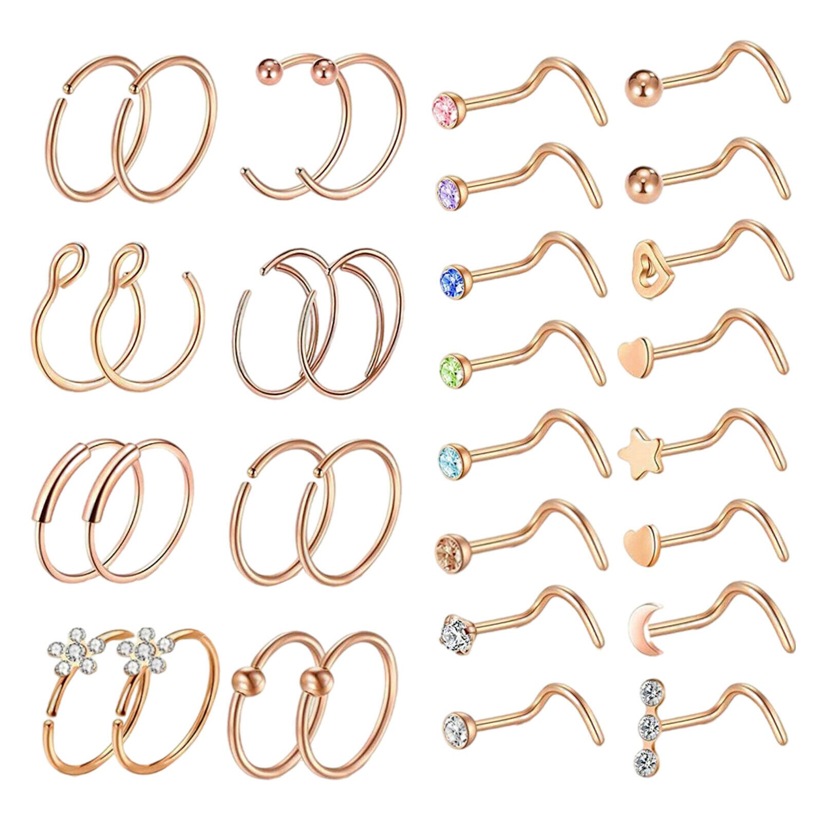32pcs Stainless Steel Nose Rings Hoop L-Shaped Studs Piercing Jewelry Set for