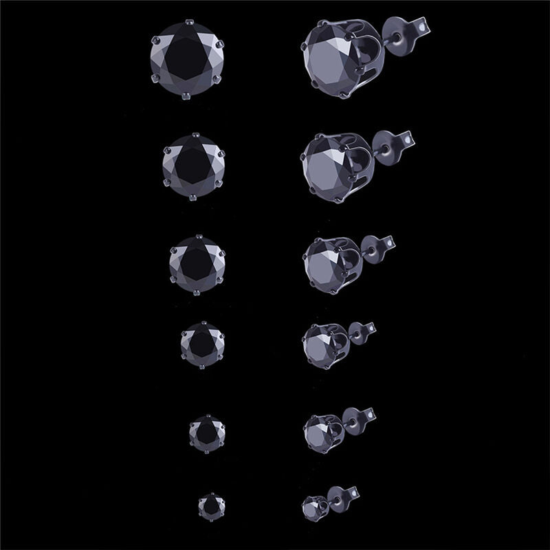 Men Women Stainless Steel Black Round Cubic Ear Studs Earrings 3mm-8mm 6P.l8
