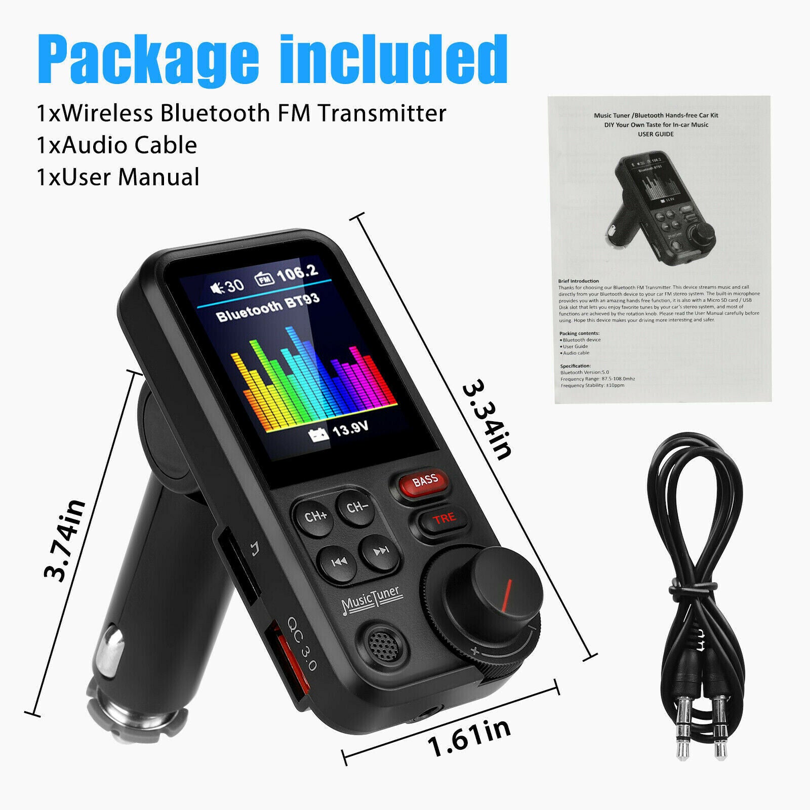 Car FM Bluetooth Transmitter High Bass Equalizer MP3 Player USB Charger