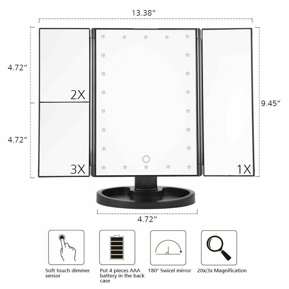 Makeup Mirror With 22LED Lamp Touch Magnifying Tri Fold Standing Lights T3  BS5