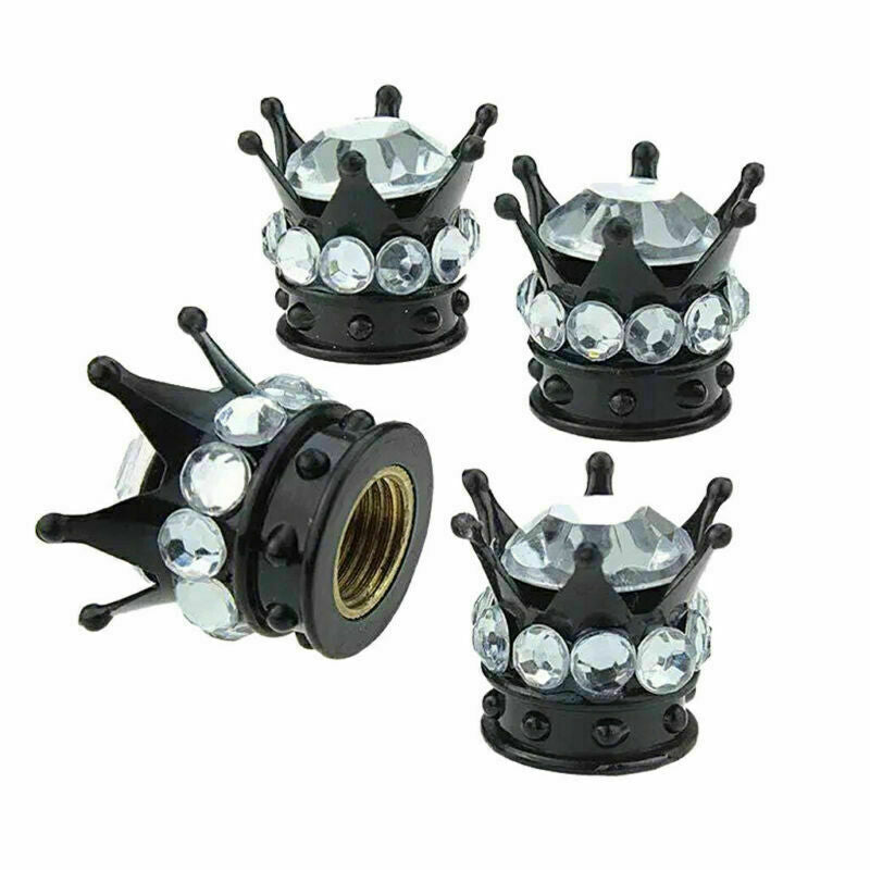 4 pc Chrome Crown Bling Diamond Tire/Wheel Stem Valve Caps car truck White