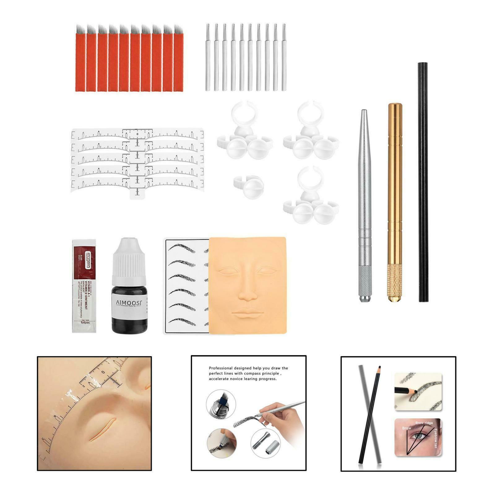 Permanent Eyebrow Tattoo Practice Kit Set Needle Pigment Ink Practise Skin