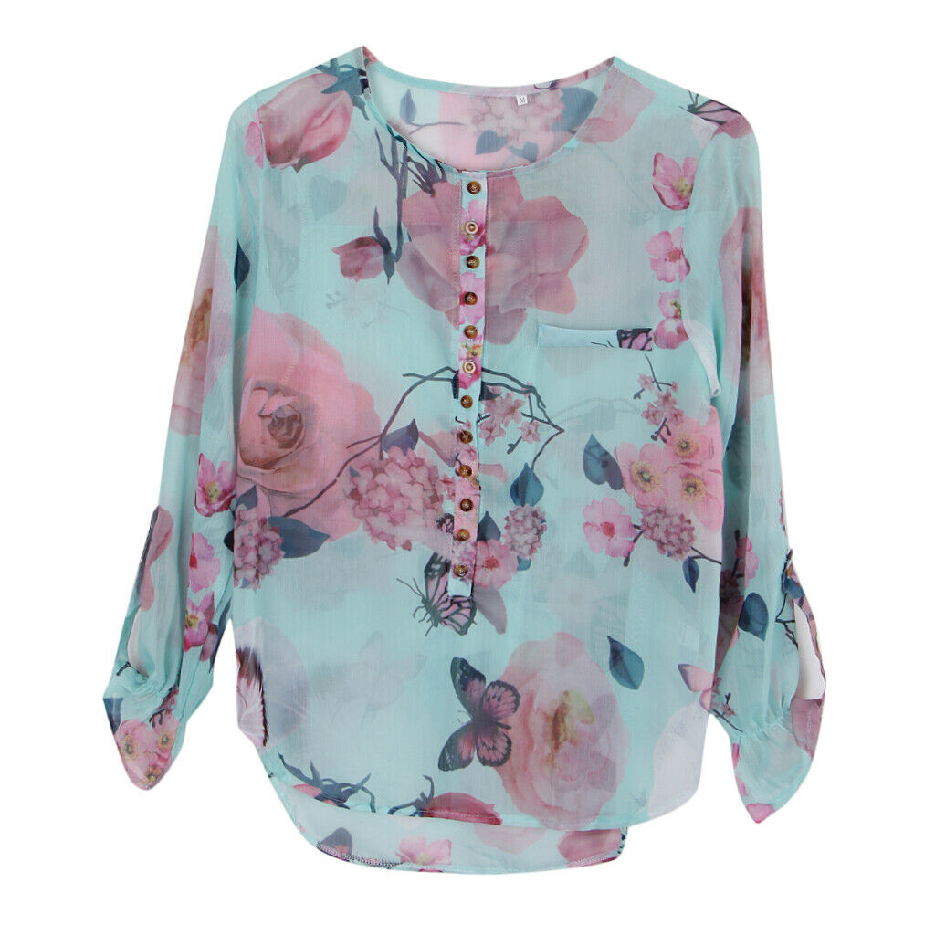 Plus Size Women Floral Butterfly Beach Button T-Shirt Chiffon Top 2XL Green