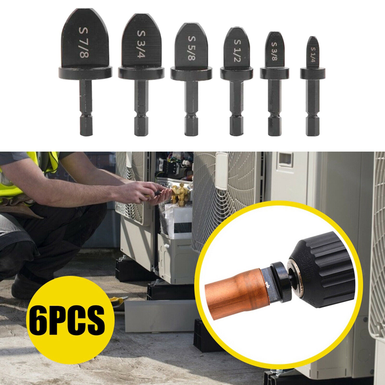 6pcs Swaging Tool Drill Bit Set Copper Pipe Flaring Tool Bearing Steel 7/8" 3/4"