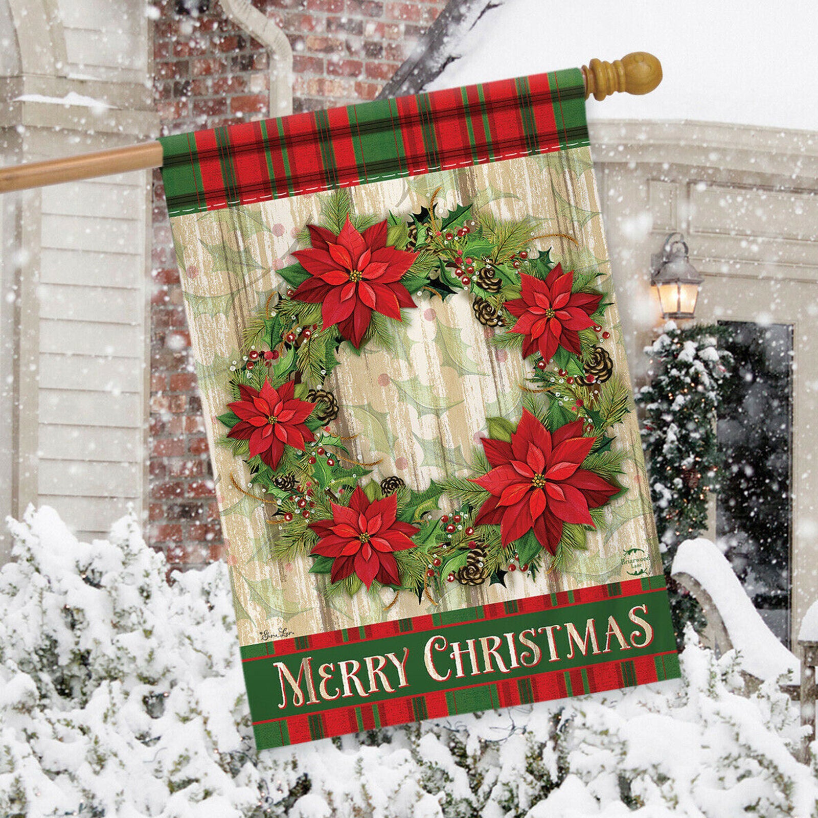 Poinsettia Wreath Christmas House Flag Plaid Floral 28" x 40" Briarwood Lane NEW