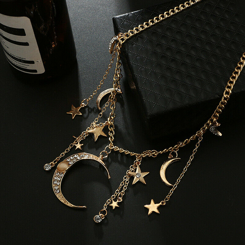 Fashion Star Moon Pendant Tassel Necklace Shiny Crystal Choker Women Jewe.l8