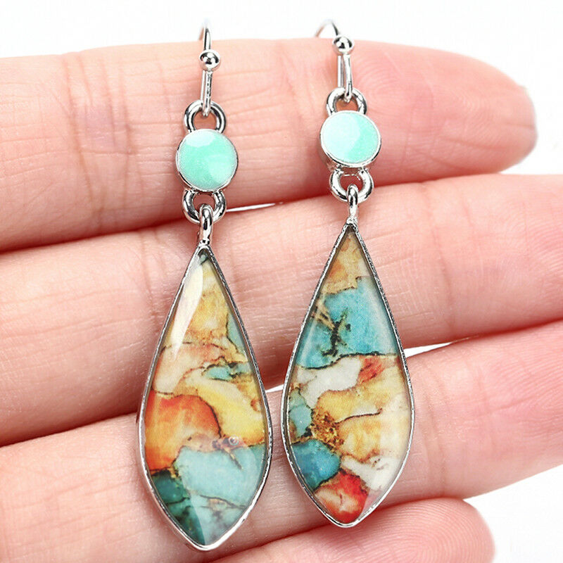 Long Opal Turquoise Dangle Drop Earrings Ear Studs Hook Earrings Women Jewelr Kt