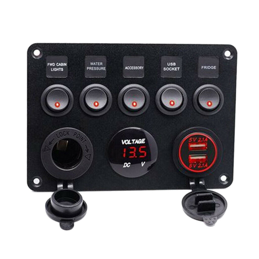 12V 6 Gang LED Rocker Switch Cigarette Lighter USB for 12V-24V RV Yachts,