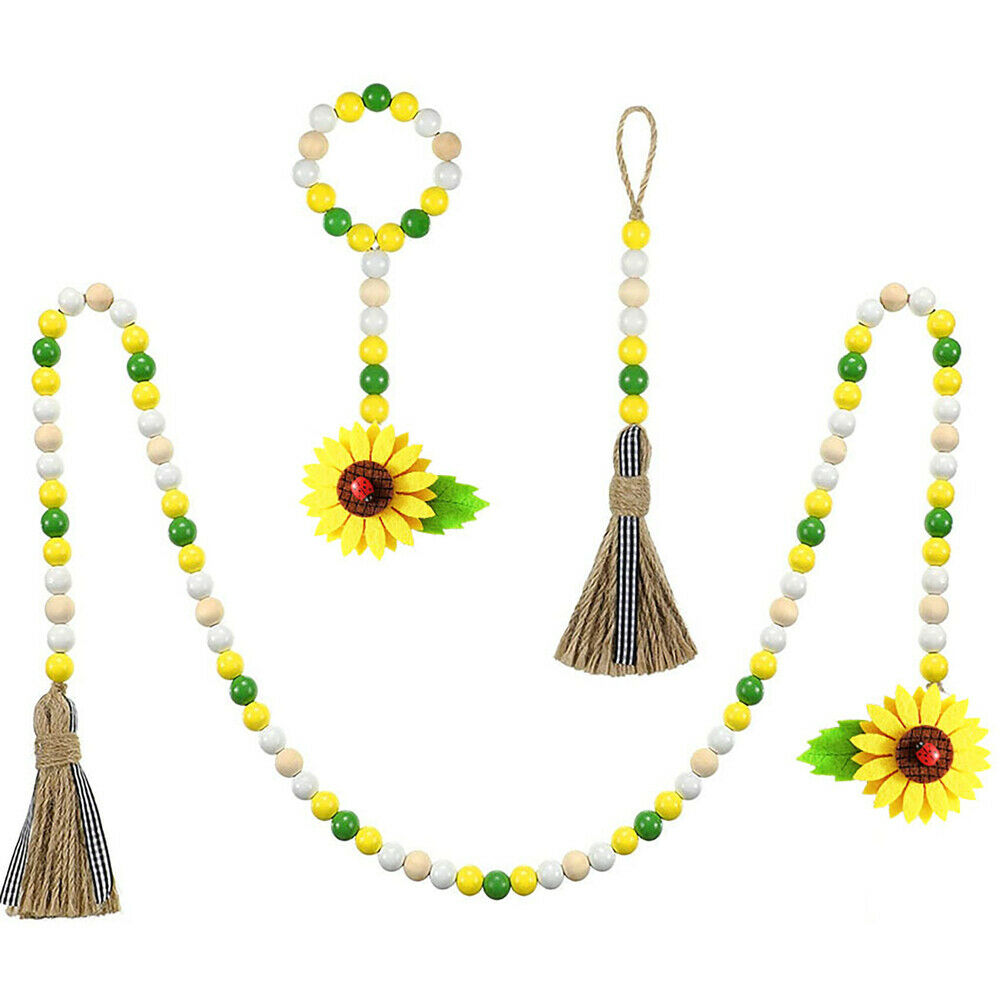 3pcs Sunflower Wood Bead Garland  Bed Hanging Decoration for Home w/Tassel NEW
