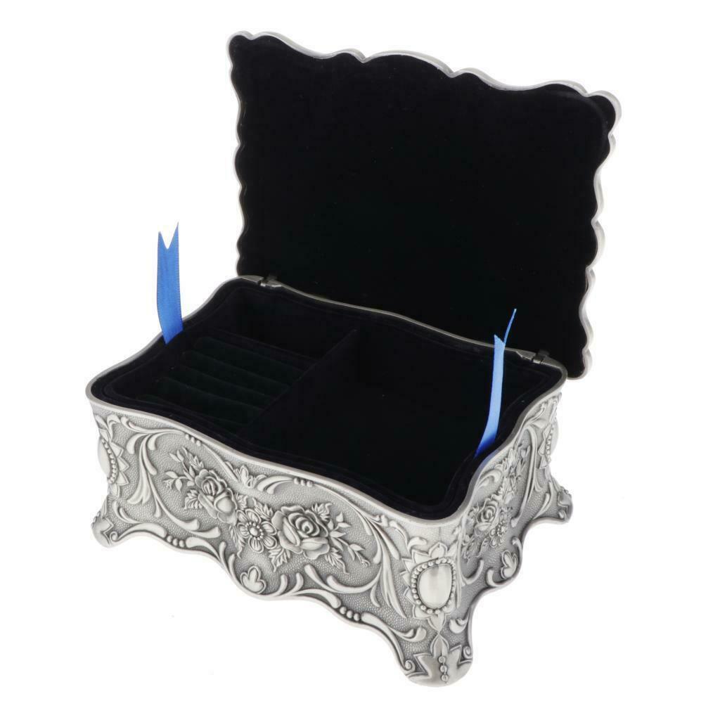 Tin Small Rectangle Jewelry Box Floral Engraved Treasure Storage Ring Case